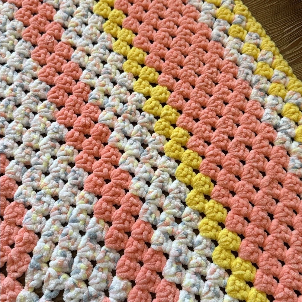 New Hand Knit/Crocheted Baby Blanket 34” x 34” orange/yellow/white